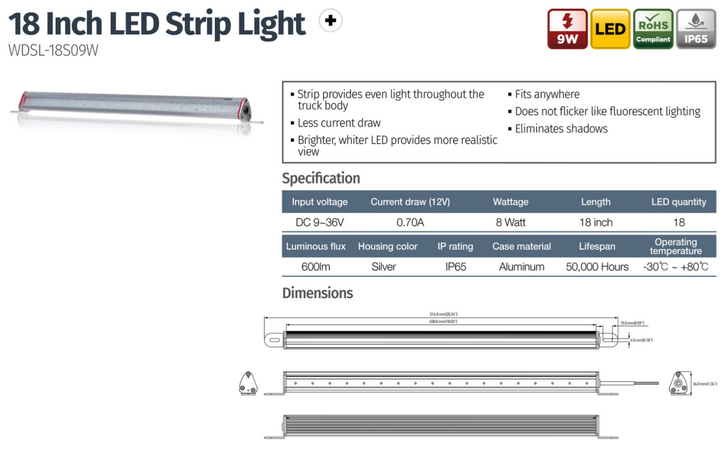 9W 18 Inch LED Strip Light