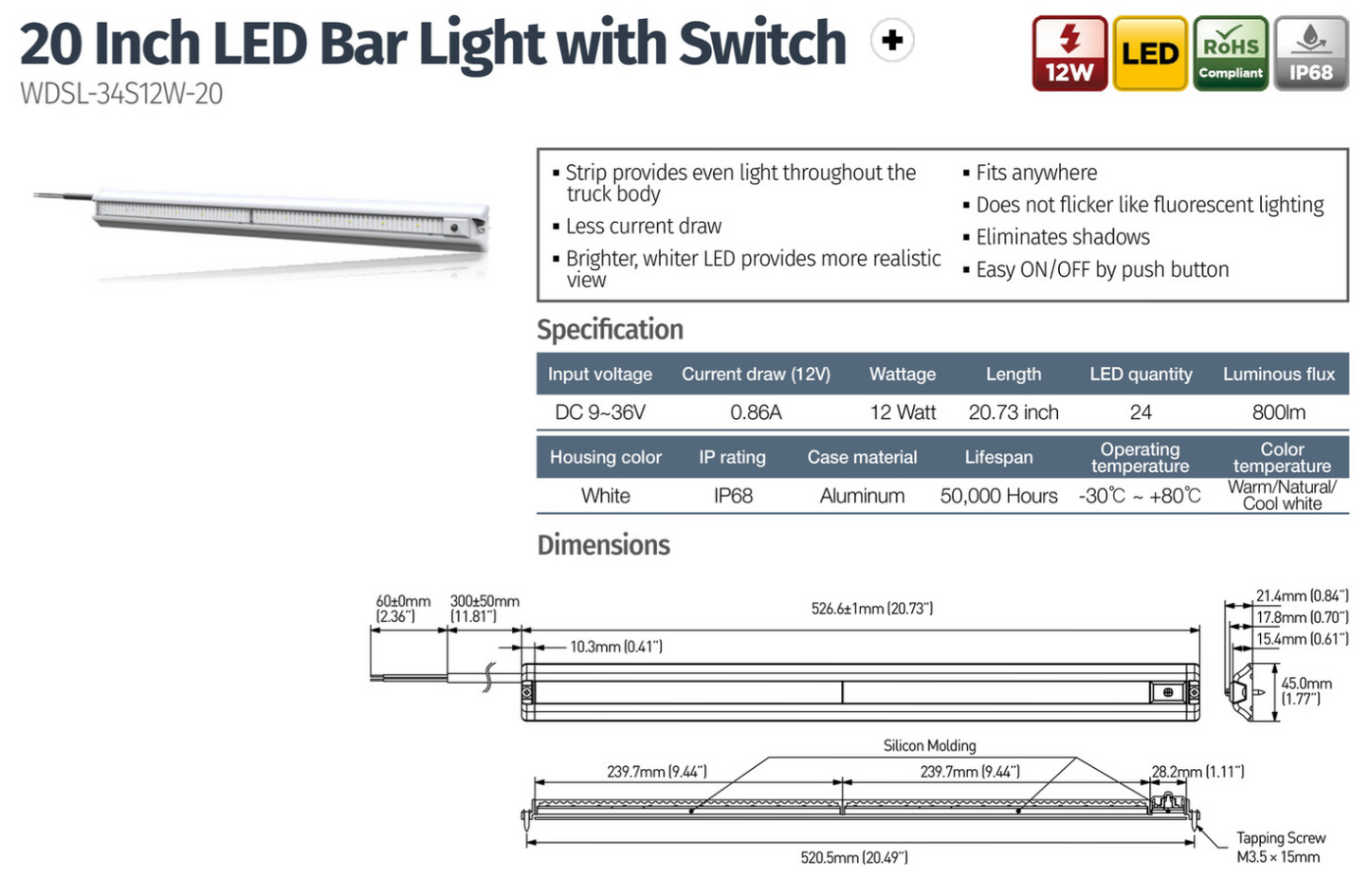 12W 20 Inch LED Bar Light with Switch