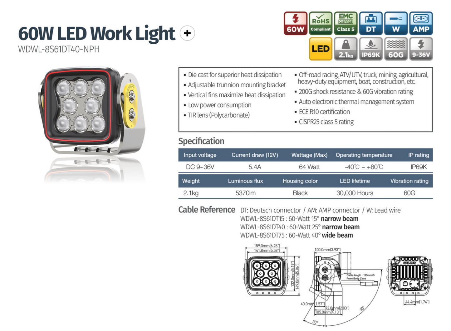 60W LED work light 15 degree spread