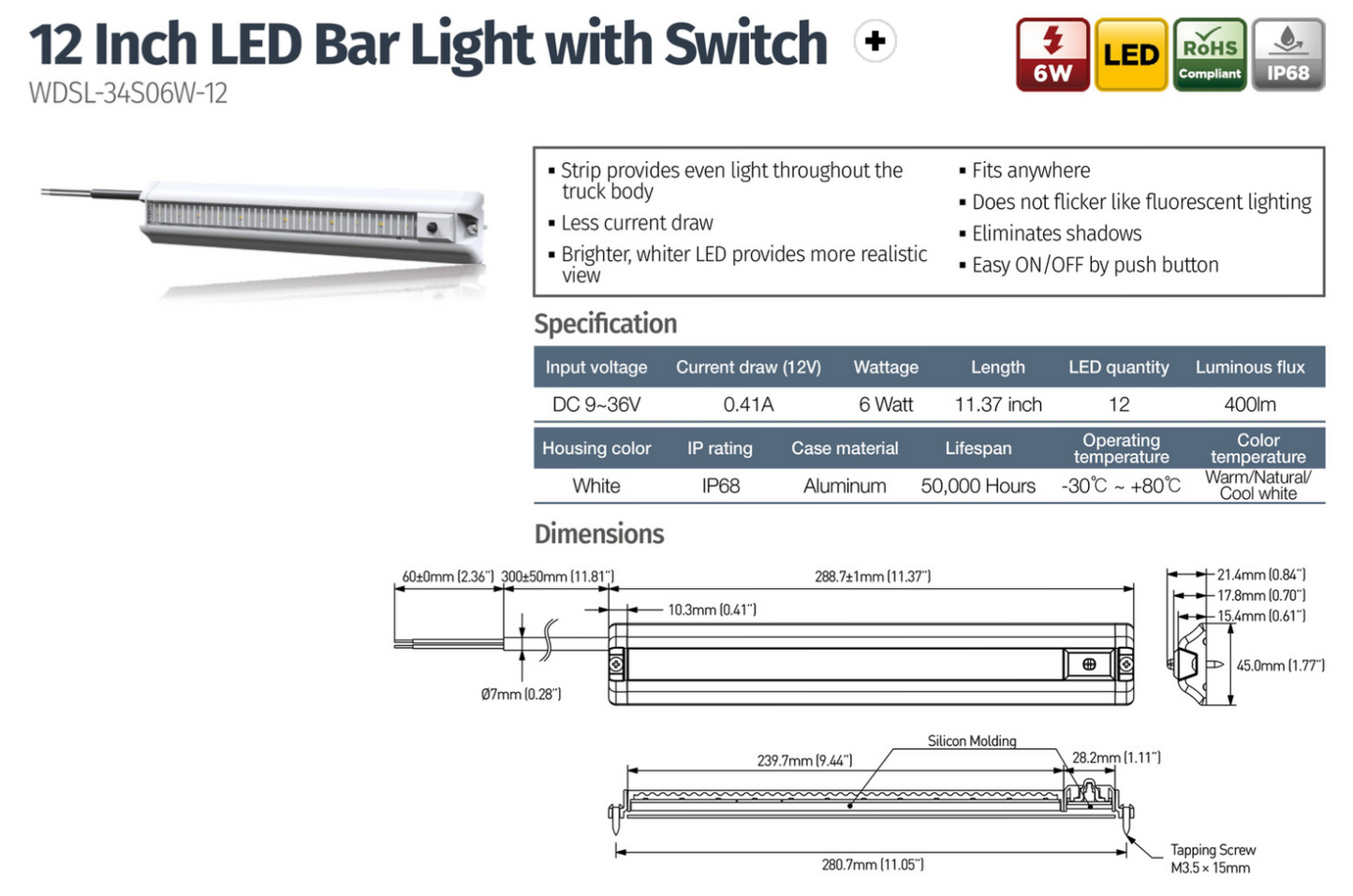 6W 12 Inch LED Bar Light with Switch